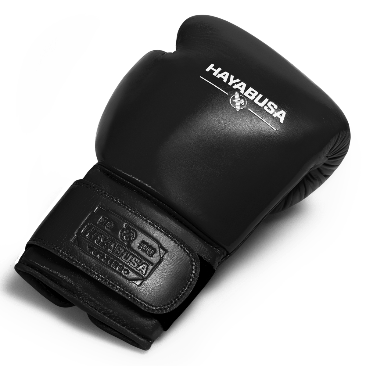 Gant de boxe simple noir Hayabusa Pro en cuir pleine fleur, positionné de profil