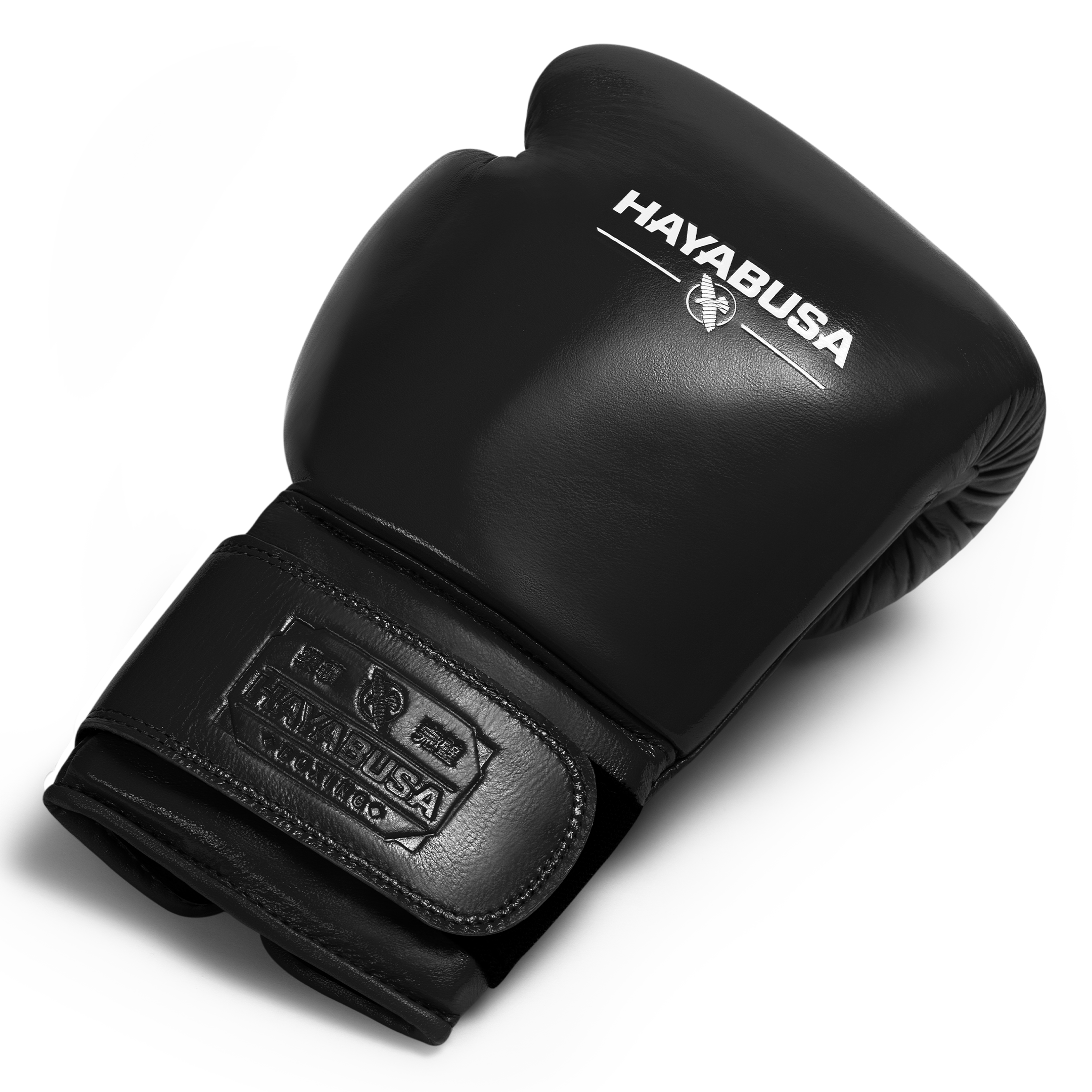 Singolo guantone da boxe nero Hayabusa Pro in pelle top-grain, posizionato di profilo