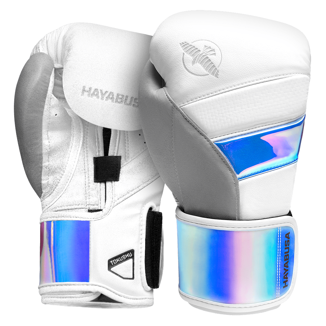 Vita Hayabusa T3-handskar med pärlemorskimrande reflexer.