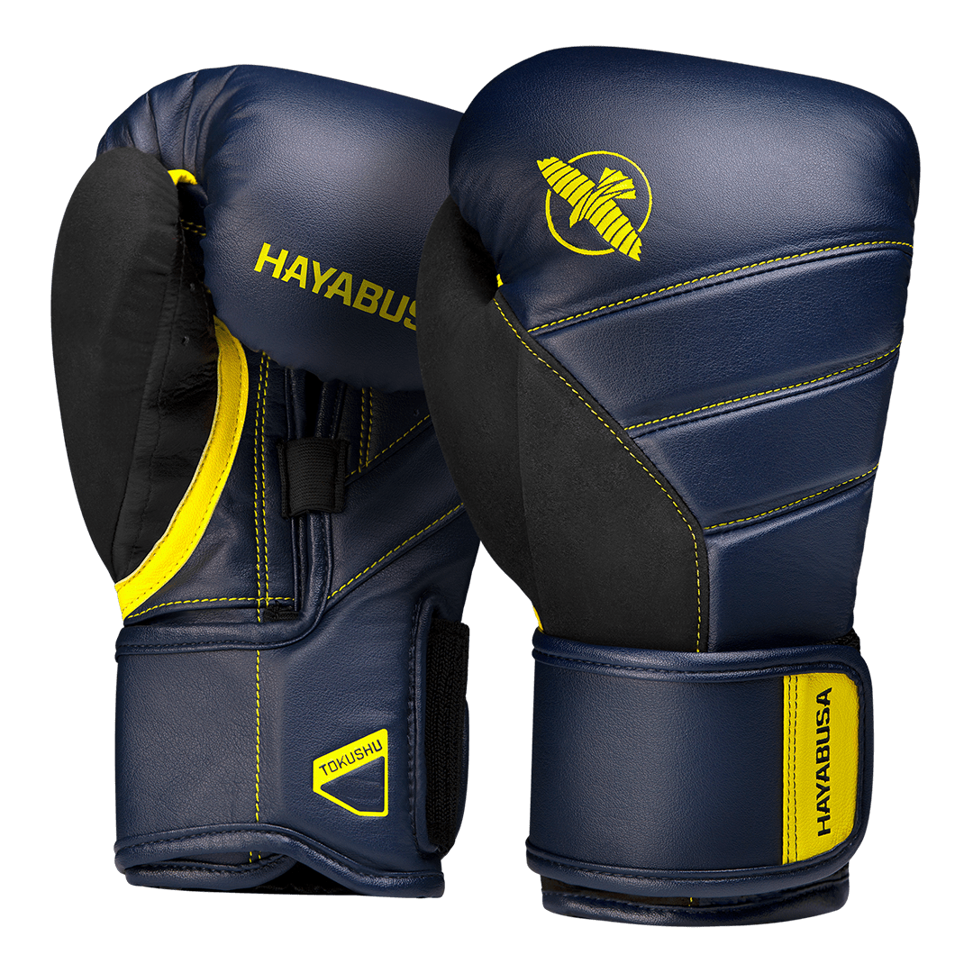 Ett par marinblå handskar med knallgula Hayabusa T3-inlägg