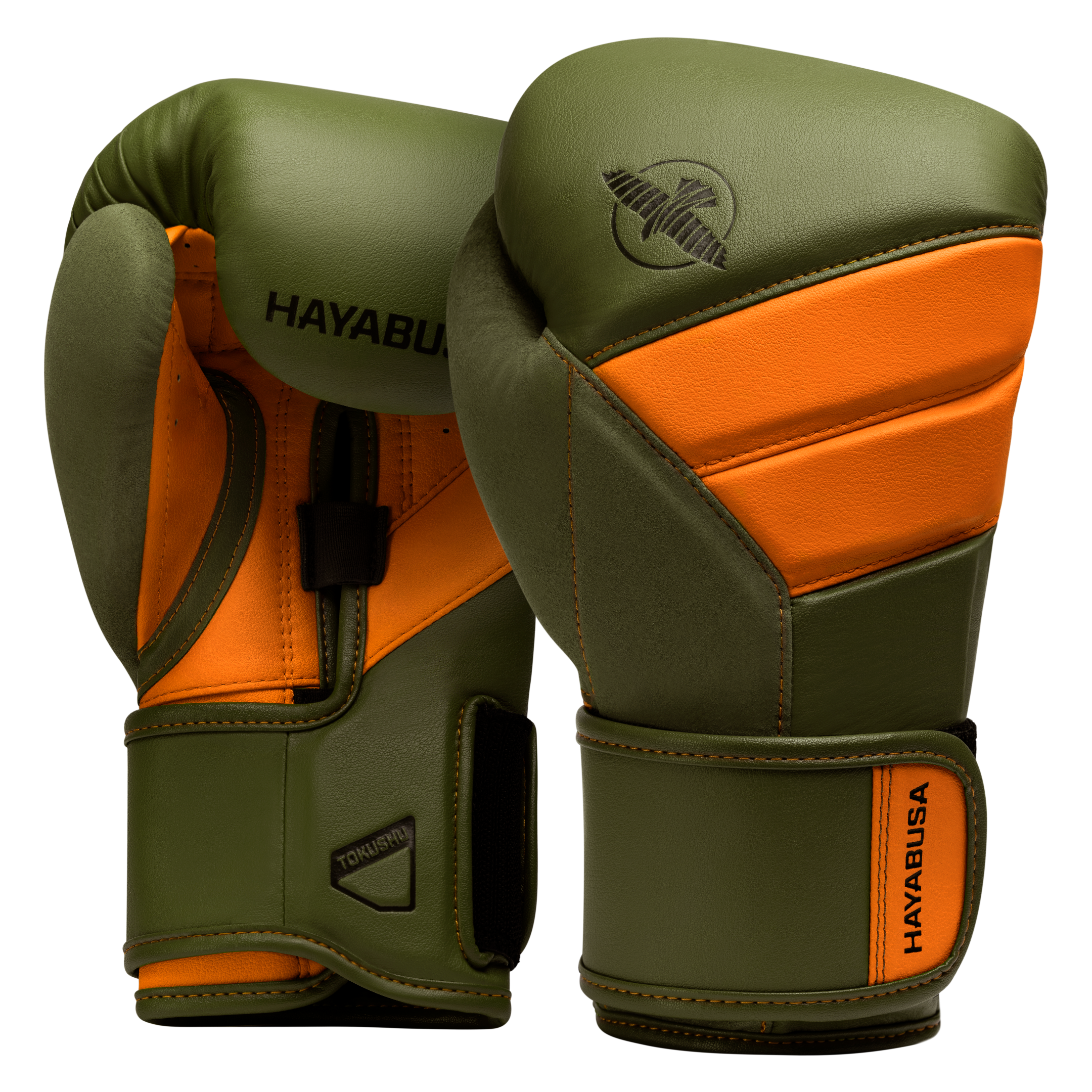 Guantoni Hayabusa T3 verde scuro con inserti arancioni.