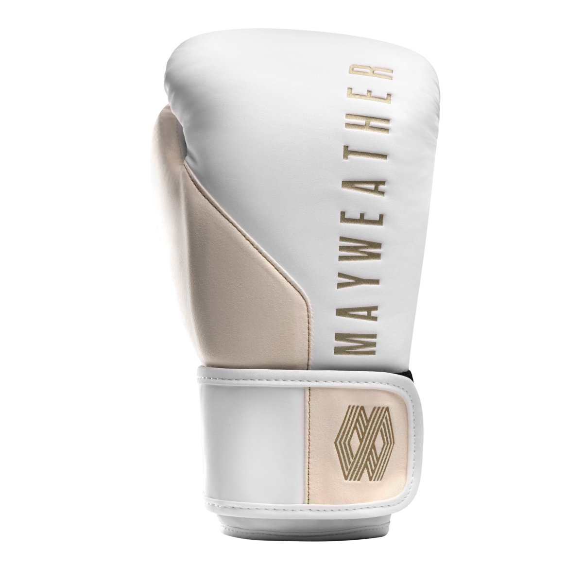 Detalhe do sistema de fechamento Dual-X e suporte de pulso Triple-Splint das luvas Mayweather Champ em ouro branco