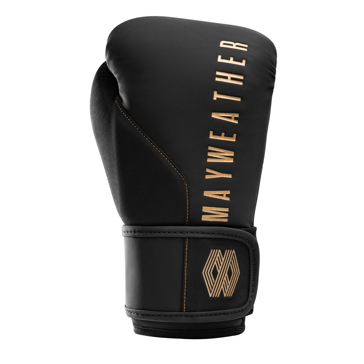 Detalhe do sistema de fechamento Dual-X e suporte de pulso Triple-Splint das luvas Mayweather Champ em ouro preto
