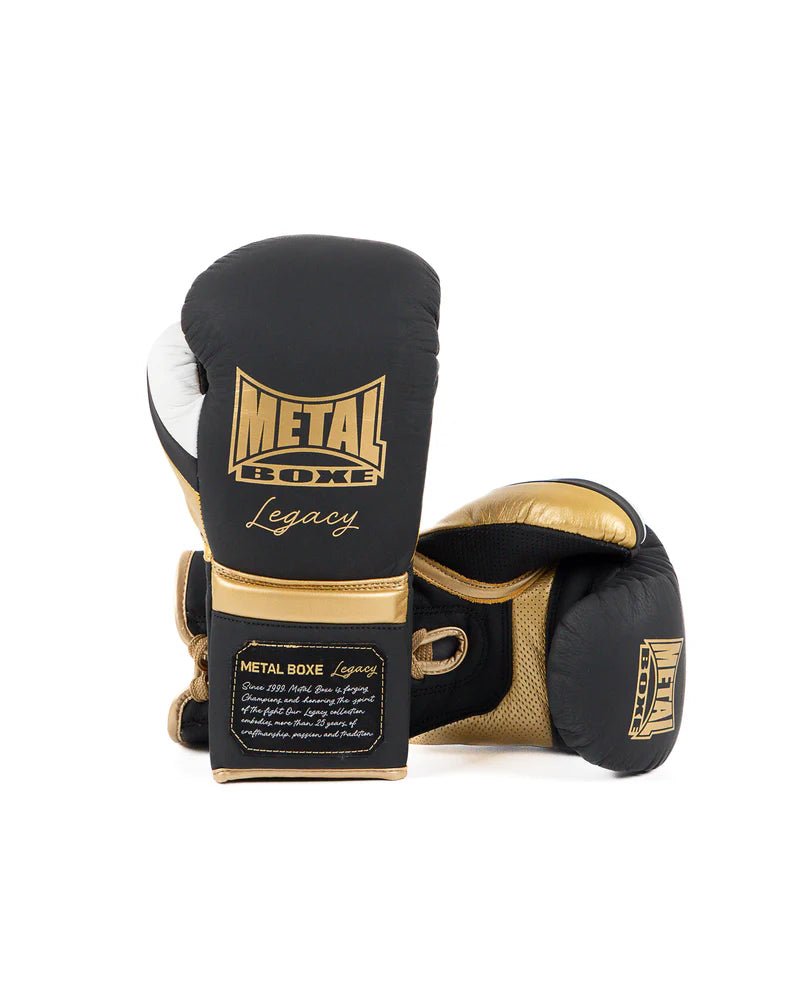 Paar schwarze Metal Boxing Legacy-Rosshaarhandschuhe im mexikanischen Stil mit Schnürsenkeln
