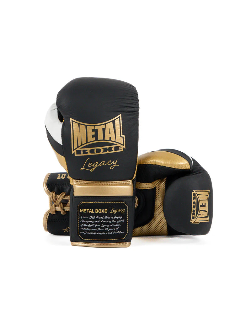 Coppia di guantoni Metal Boxe Legacy neri, chiusura con lacci professionale