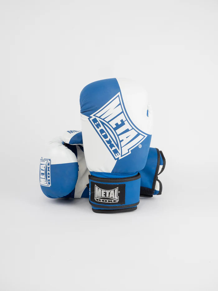 Front view of blue and white Metal Boxing Amateur Competition gloves