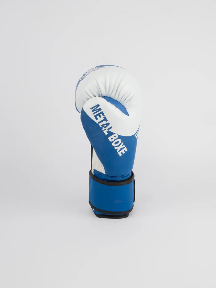 Side view of blue Metal Boxing gloves, velcro closure detail