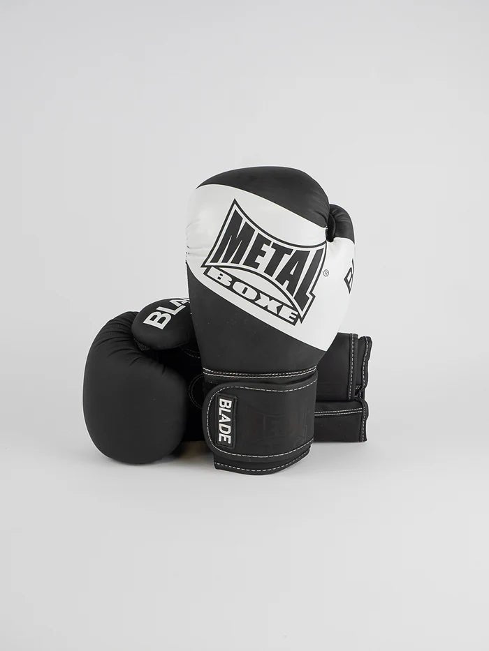 Front view of the black and white Metal Boxing Blade gloves