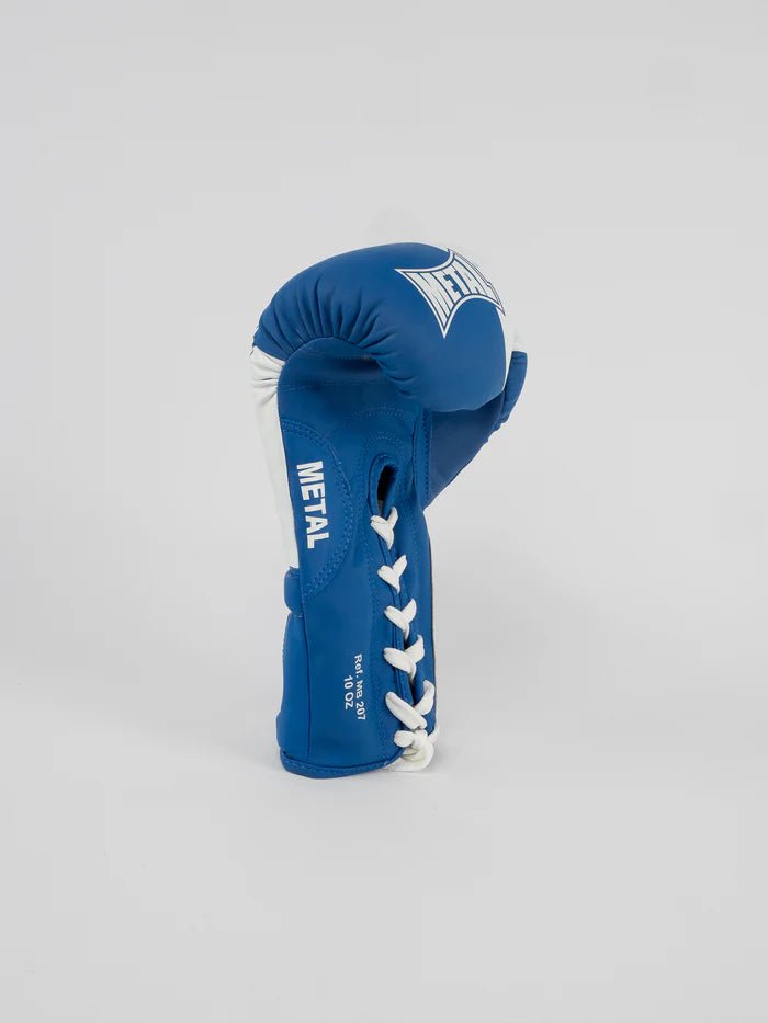 Profile view of blue Metal Boxing Lace-Up gloves, detail of the anatomical shaping