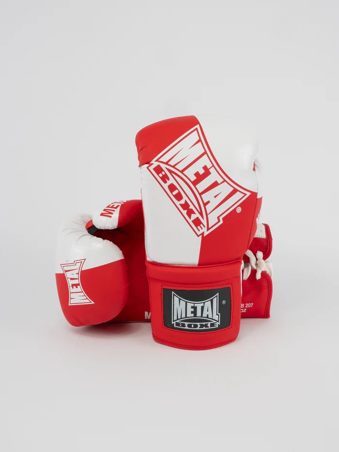 Front view of red Metal Boxing Competition gloves, technical padding for matches