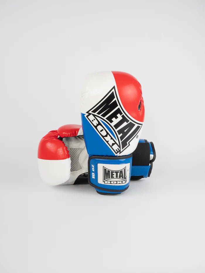 Vista frontal das luvas tricolor azul branco vermelho Metal Boxe Competition