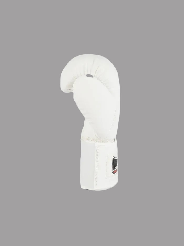 Vista laterale guantoni Metal Boxe Competition bianchi, dettaglio chiusura velcro e supporto polso