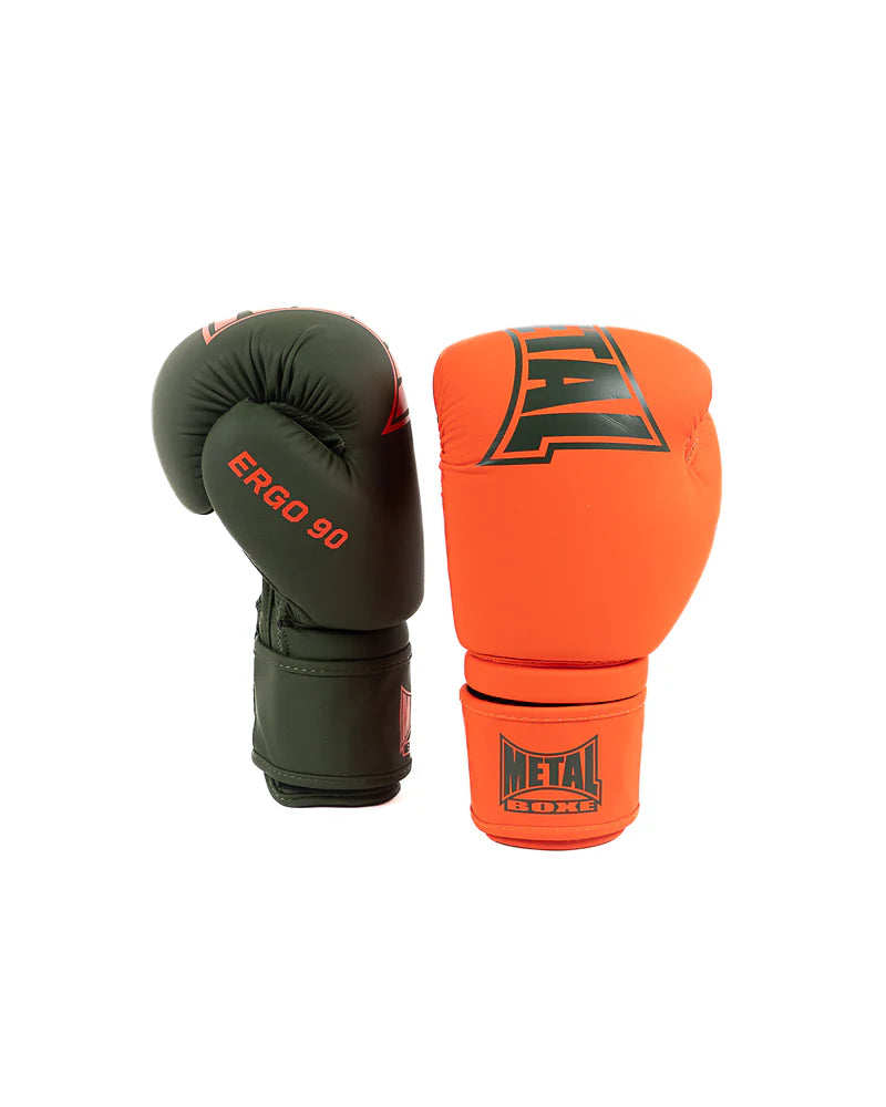 Coppia di guantoni Metal Boxe Ergo 90 bicolore verde e arancione, imbottitura tecnica iniettata.
