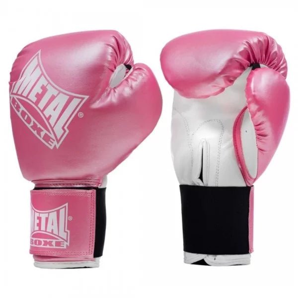 Vista frontal das luvas rosa Metal Boxing Prima Boxe, proteção contra luz