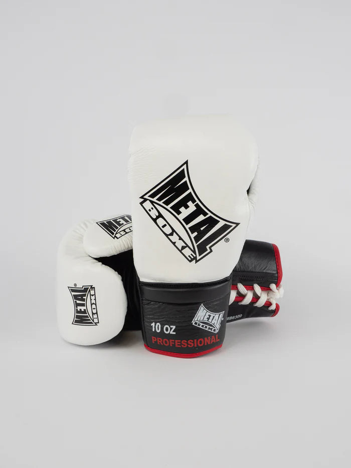 Vorderansicht der weißen Metal Boxing Pro Sirius Profihandschuhe
