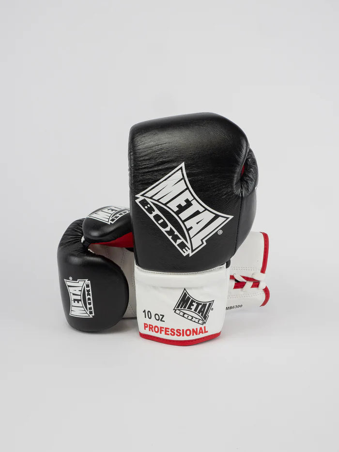 Vorderansicht der professionellen Metal Boxing Pro Sirius schwarzen Lederhandschuhe
