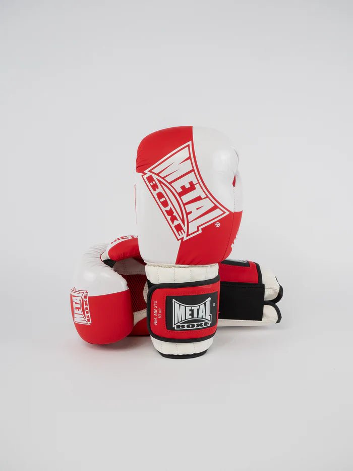 Vista frontal de guantes de boxeo Metal Savate rojos y blancos