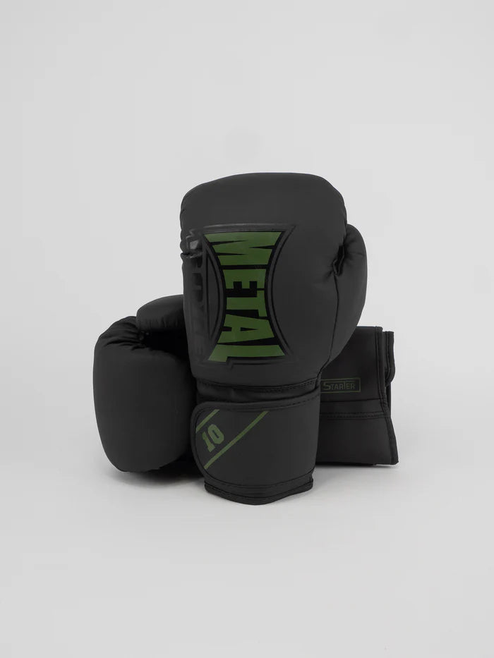 Vista frontale guantoni Metal Boxe Starter nero e verde kaki, stile militare moderno