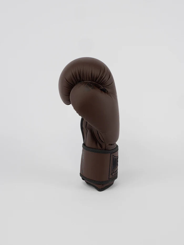 Vista laterale guantoni Metal Boxe Steel Brown, dettaglio chiusura velcro e supporto polso