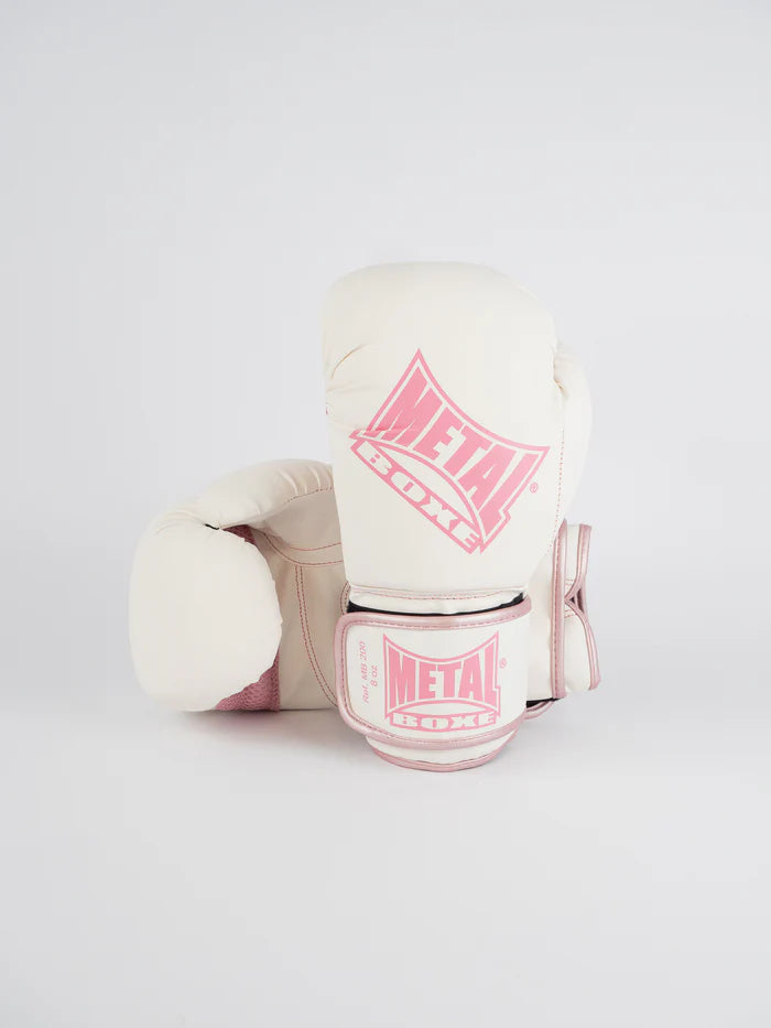 Vista frontale dei guantoni Metal Boxe Training MB200 bianco e rosa per bambini e adulti