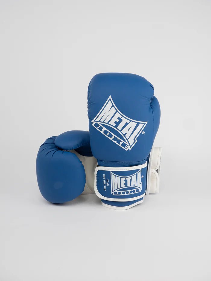 Vooraanzicht van blauwe MB200 metalen bokshandschoenen, icoon voor training