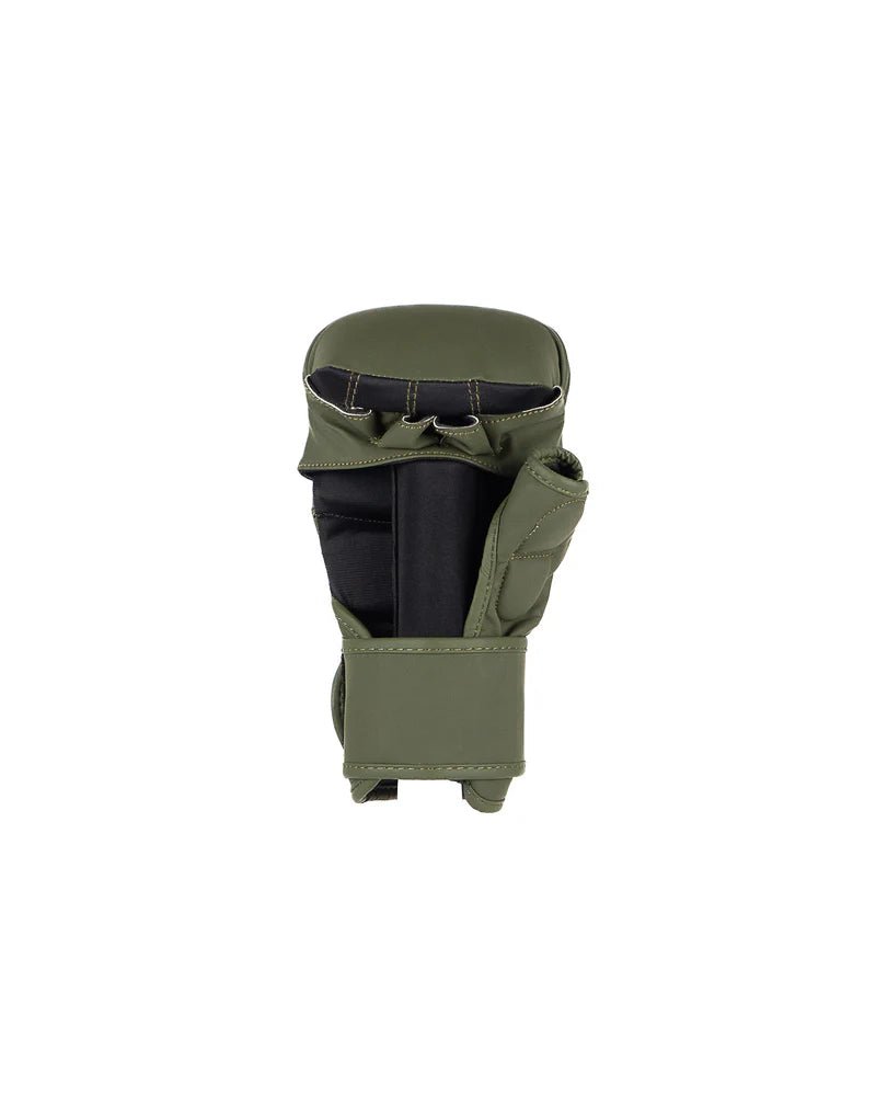 Palm view Luvas de boxe MMA Metal The Shell verde ergonomia para finalizações