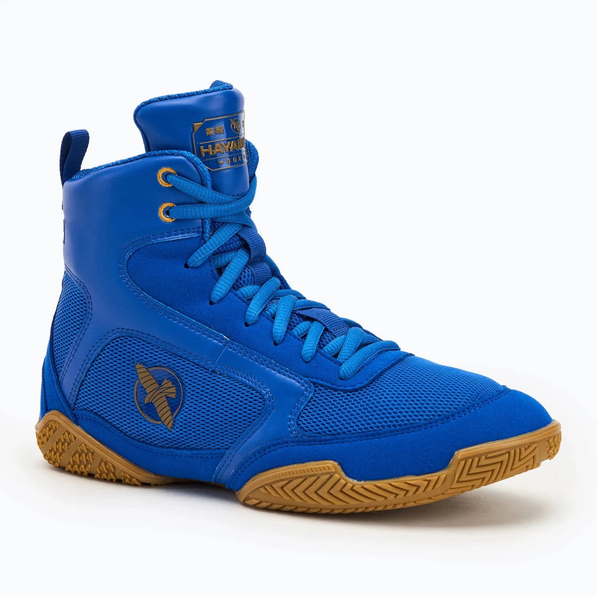 Scarpe da boxe Hayabusa Pro blu vista frontale per footwork esplosivo.