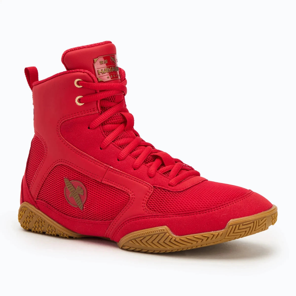 Supporto caviglia imbottito scarpe pugilato rosse Hayabusa Pro vista retro.