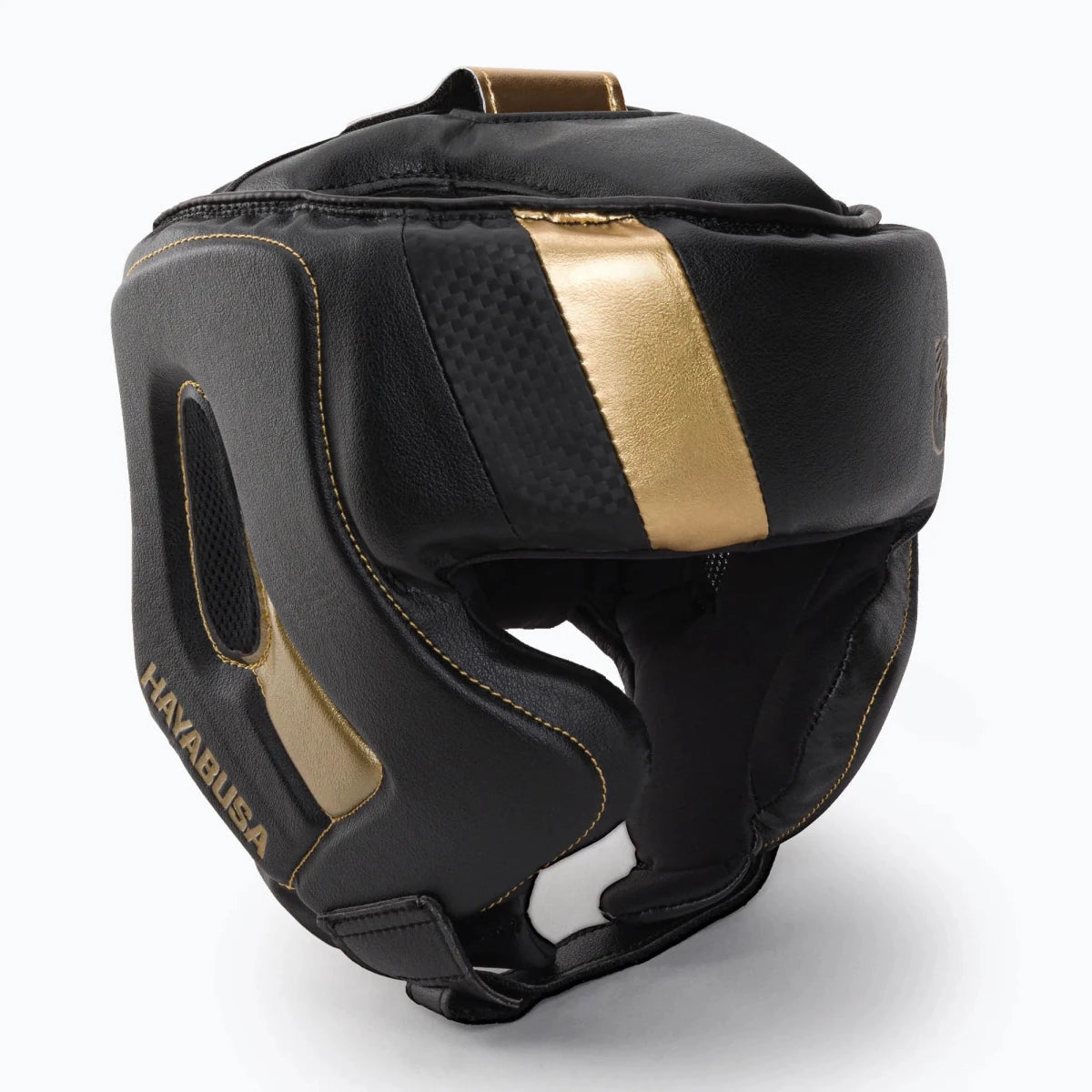 Hayabusa T3 zwart-gouden helm met wangbeschermers, speciale bokseditie.