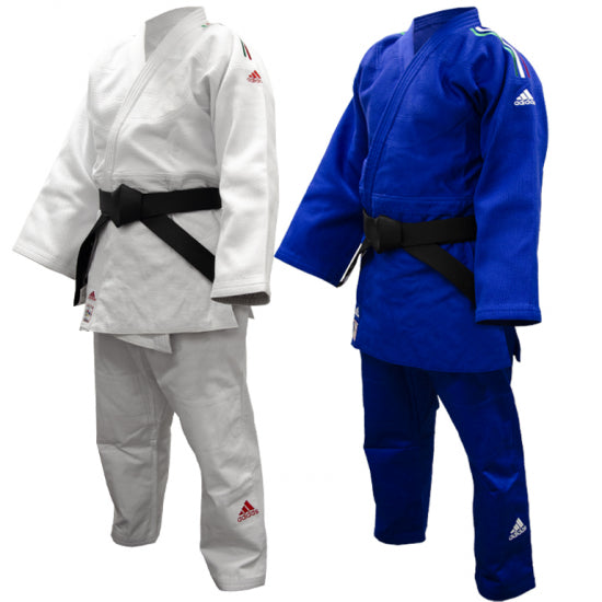 Judogi Adidas J730 IJF Champion III con strisce tricolore BLU
