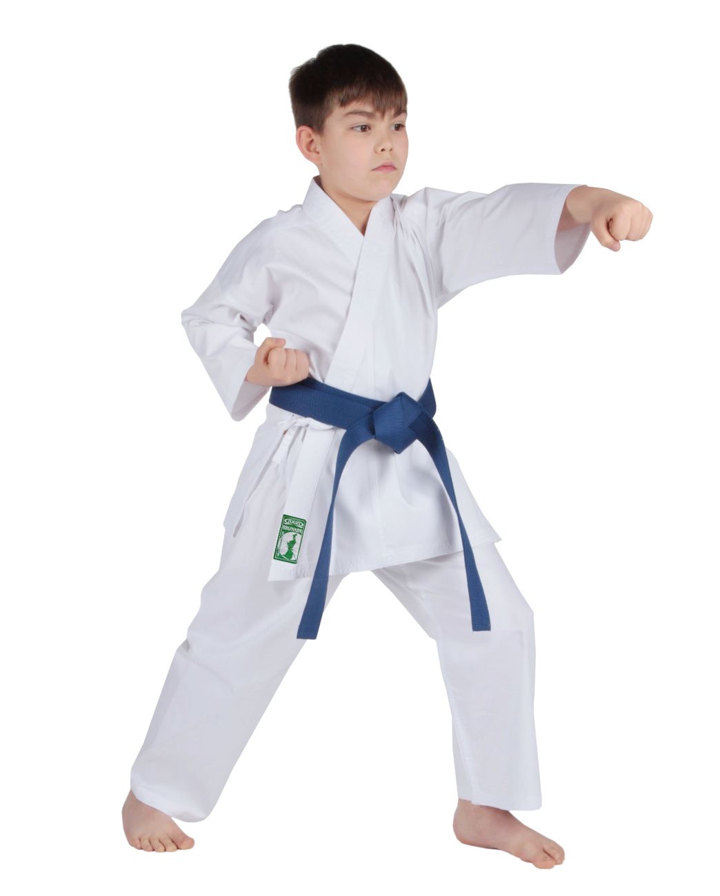 karategi per bambini Itaki in cotone misto poliestere.Compreso di cintura bianca,pantalone con elastico in vita e coulisse interna
