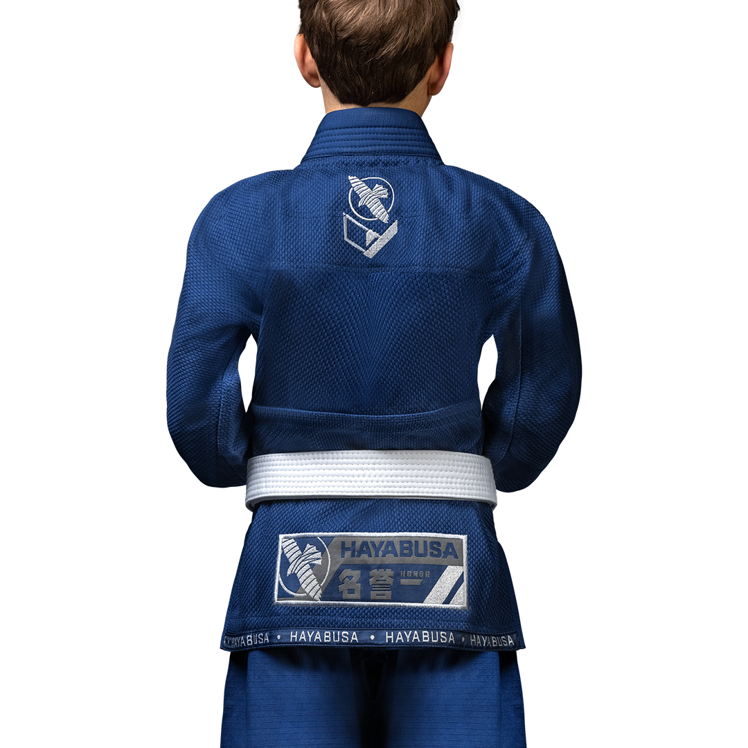 Vista posteriore dei pantaloni ripstop e giacca blu navy del Gi Hayabusa
