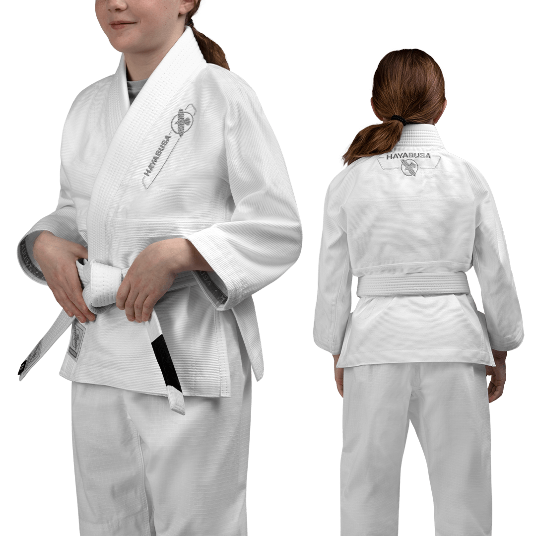 Vedere combinată din față și din spate a kimonoului alb Hayabusa Essential Kids BJJ