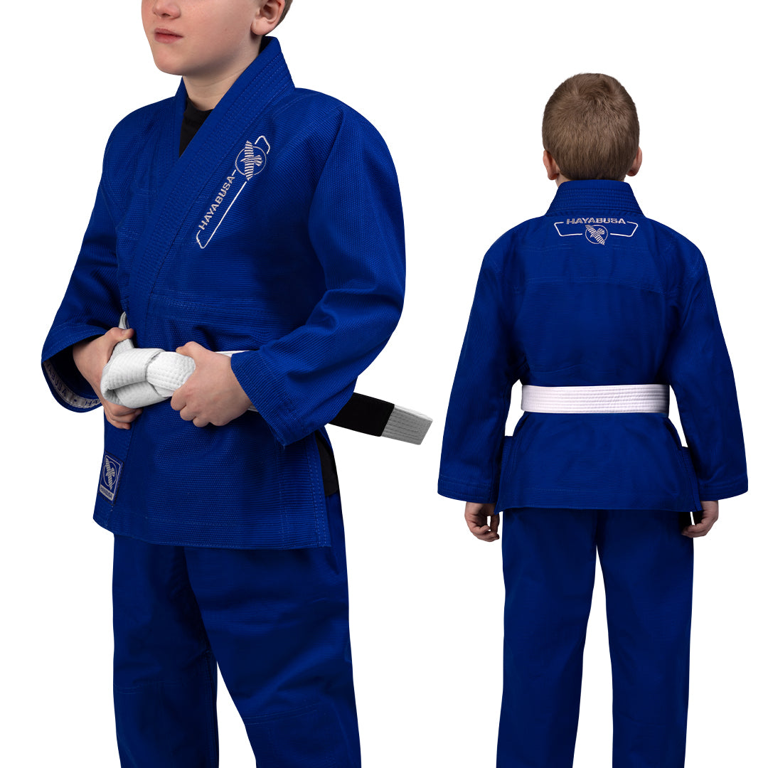 Vista combinata fronte e retro del kimono BJJ Hayabusa Essential Kids blu royal