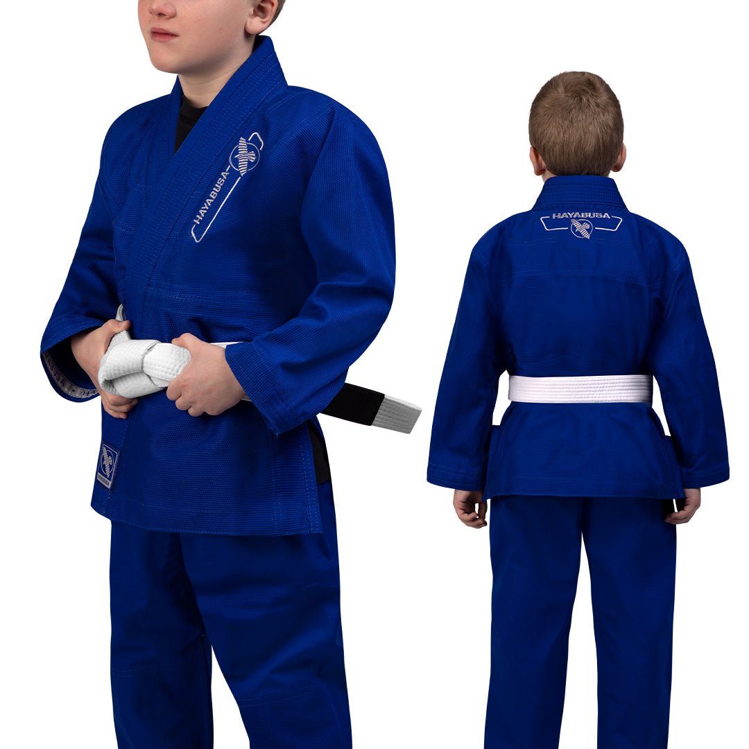 Vedere combinată din față și din spate a kimonoului BJJ Hayabusa Essential Kids, albastru regal