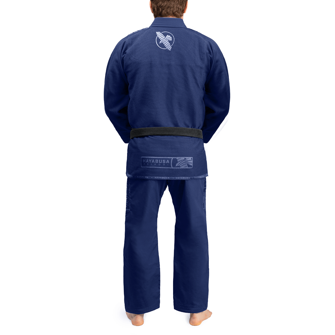 Vista posteriore del Gi blu navy Hayabusa in tessuto ripstop e pearl weave