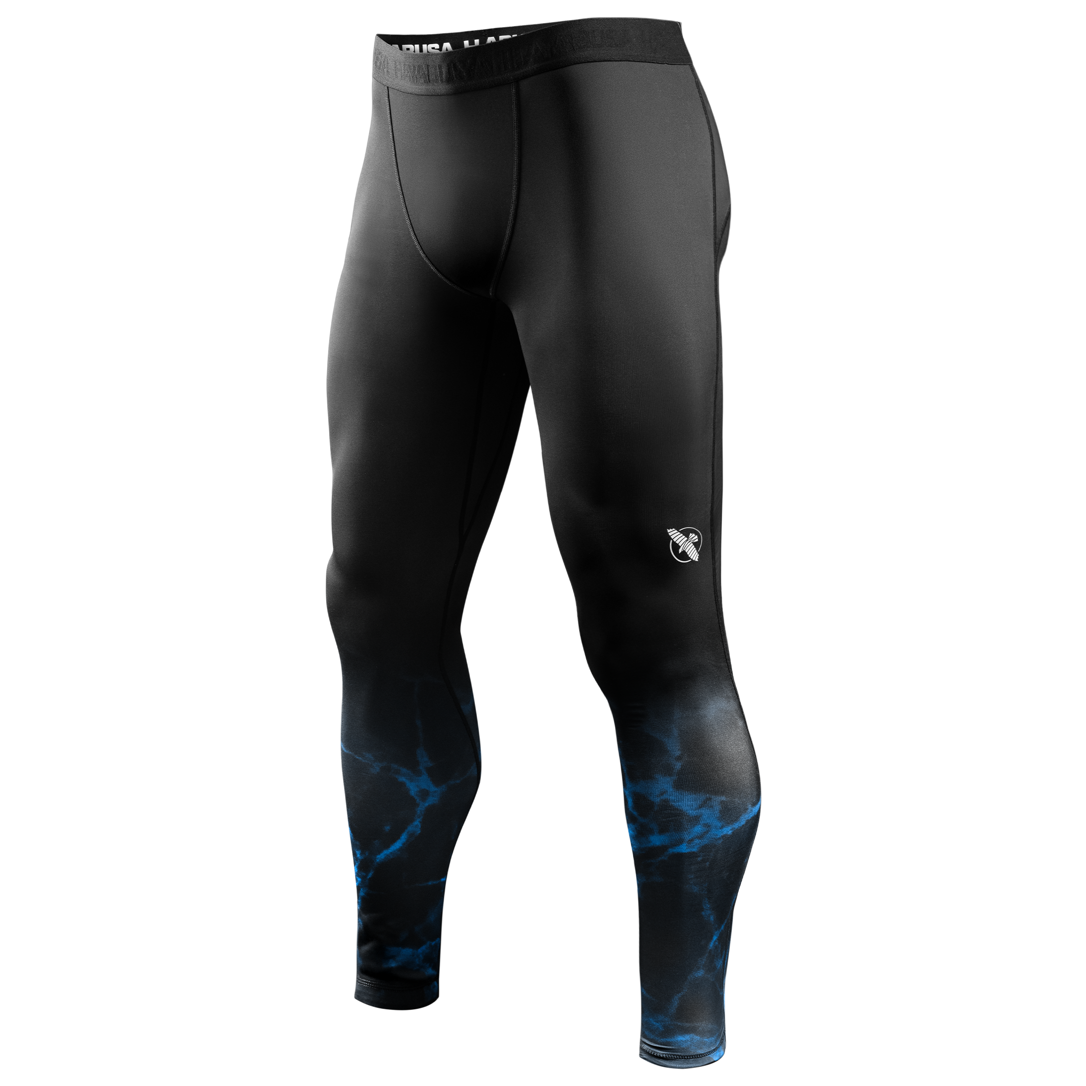 Vista frontale dei leggings a compressione ufficiali UFC BJJ Spats neri con accenti e loghi blu