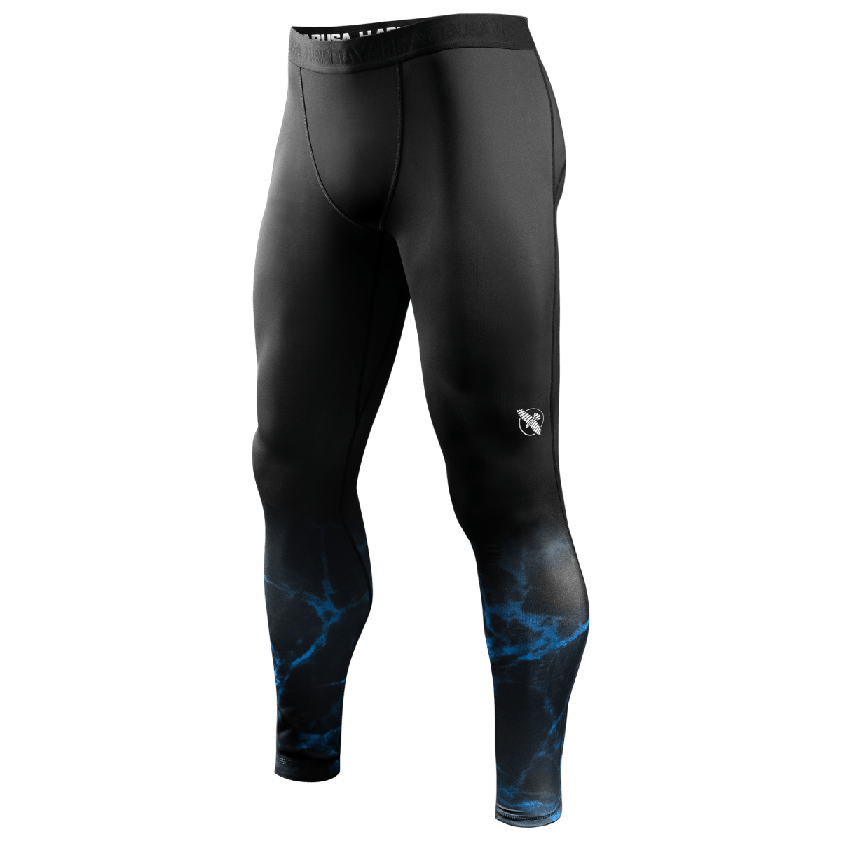 Framifrån av de officiella UFC BJJ Spats kompressionsleggings i svart med blå accenter och logotyper
