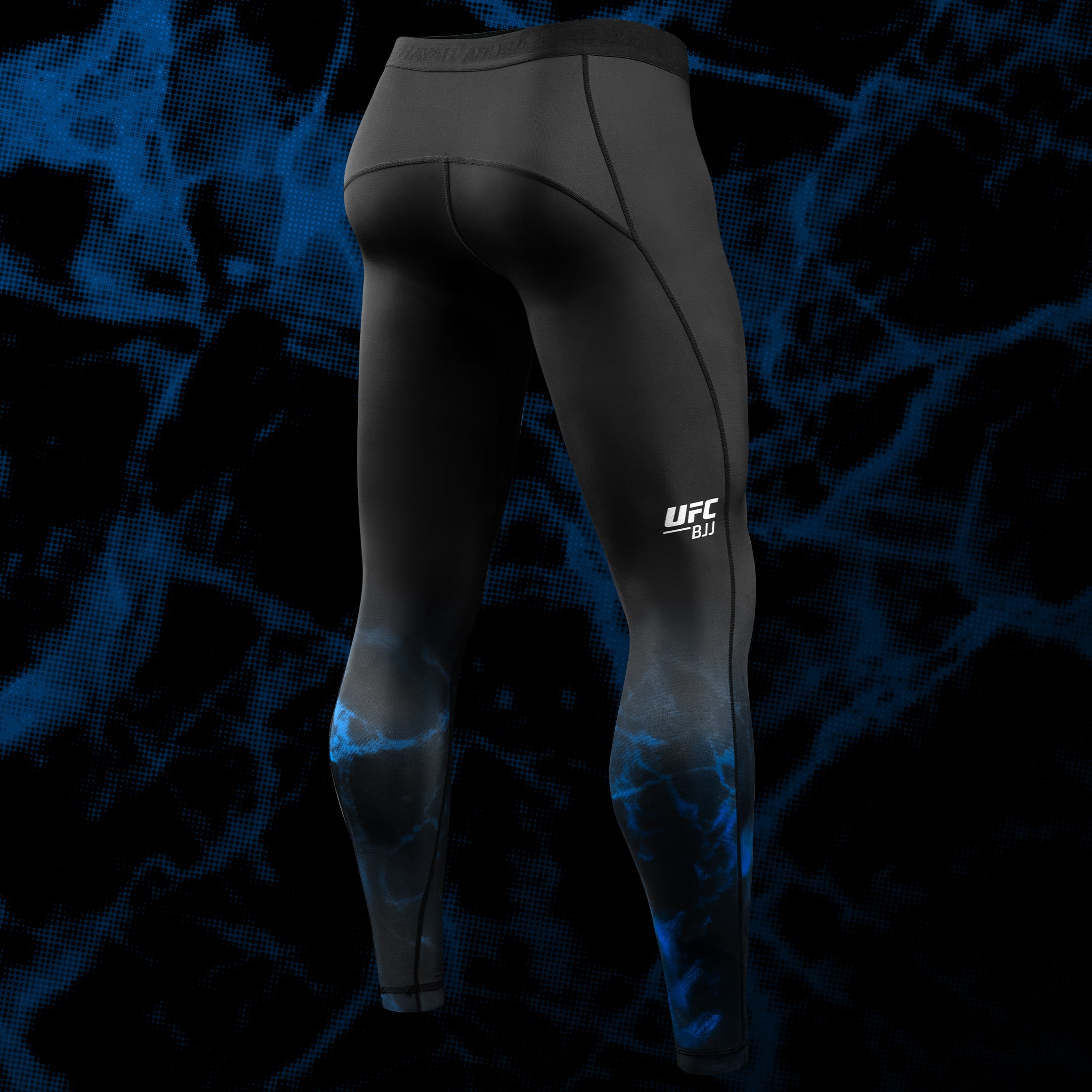 Vista posteriore dei leggings UFC BJJ Spats neri e blu, evidenziando la fascia in vita antiscivolo