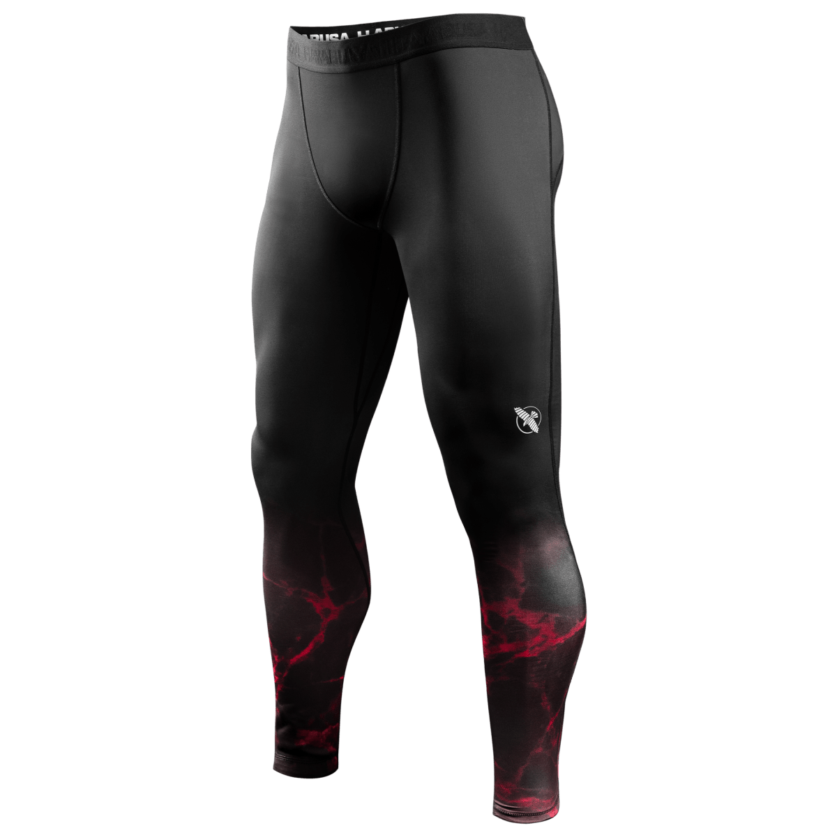 Framifrån av de svarta UFC BJJ Spats kompressionsleggings med röda detaljer och logotyper