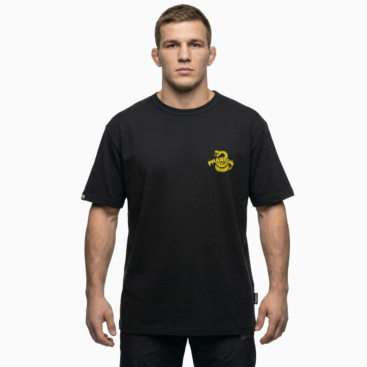Vista frontal da camisola desportiva Phantom Don't Tread On Me com o desenho da cobra de Gadsden amarela