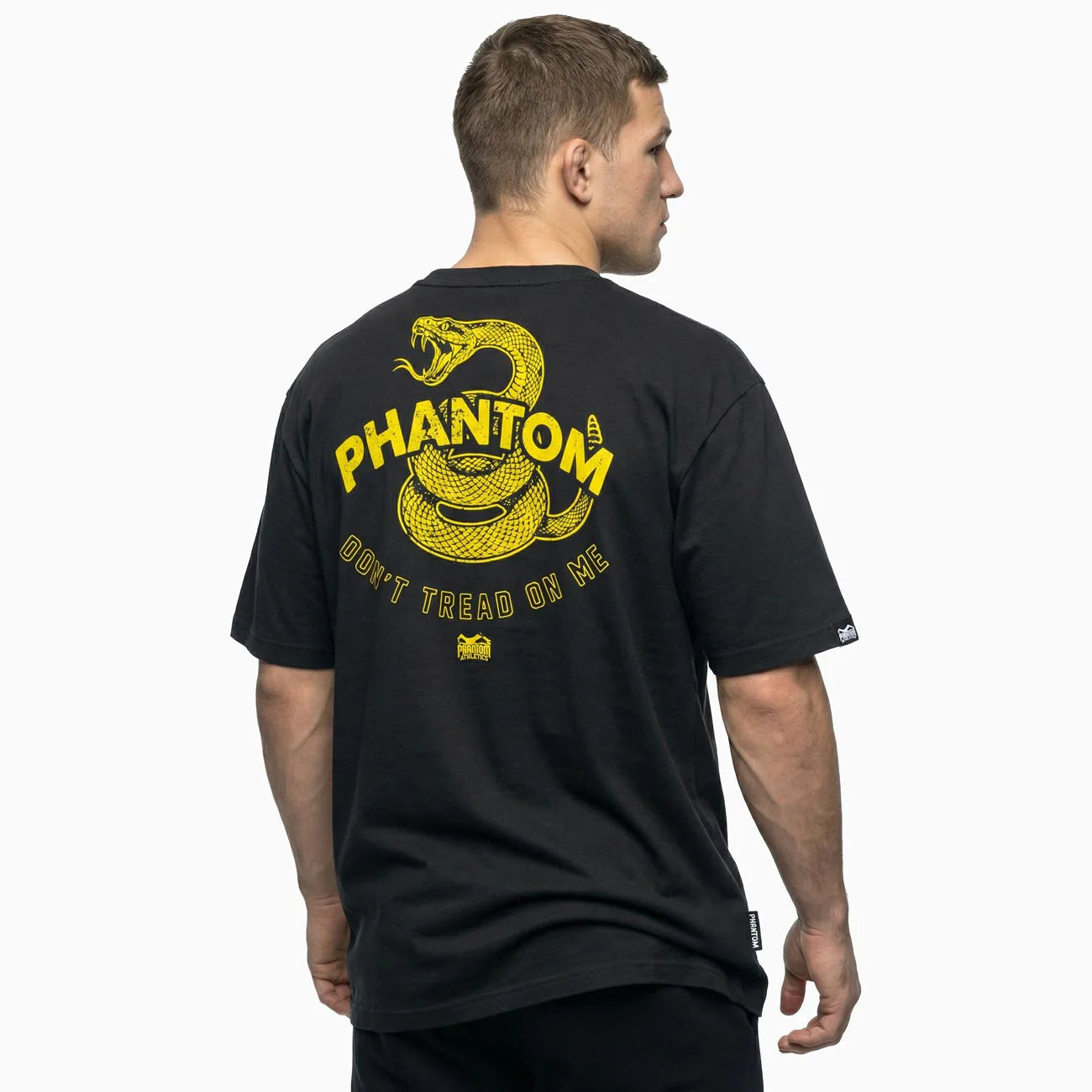 Vista traseira da camisola desportiva Phantom Don't Tread On Me com o desenho da cobra Gadsden amarela