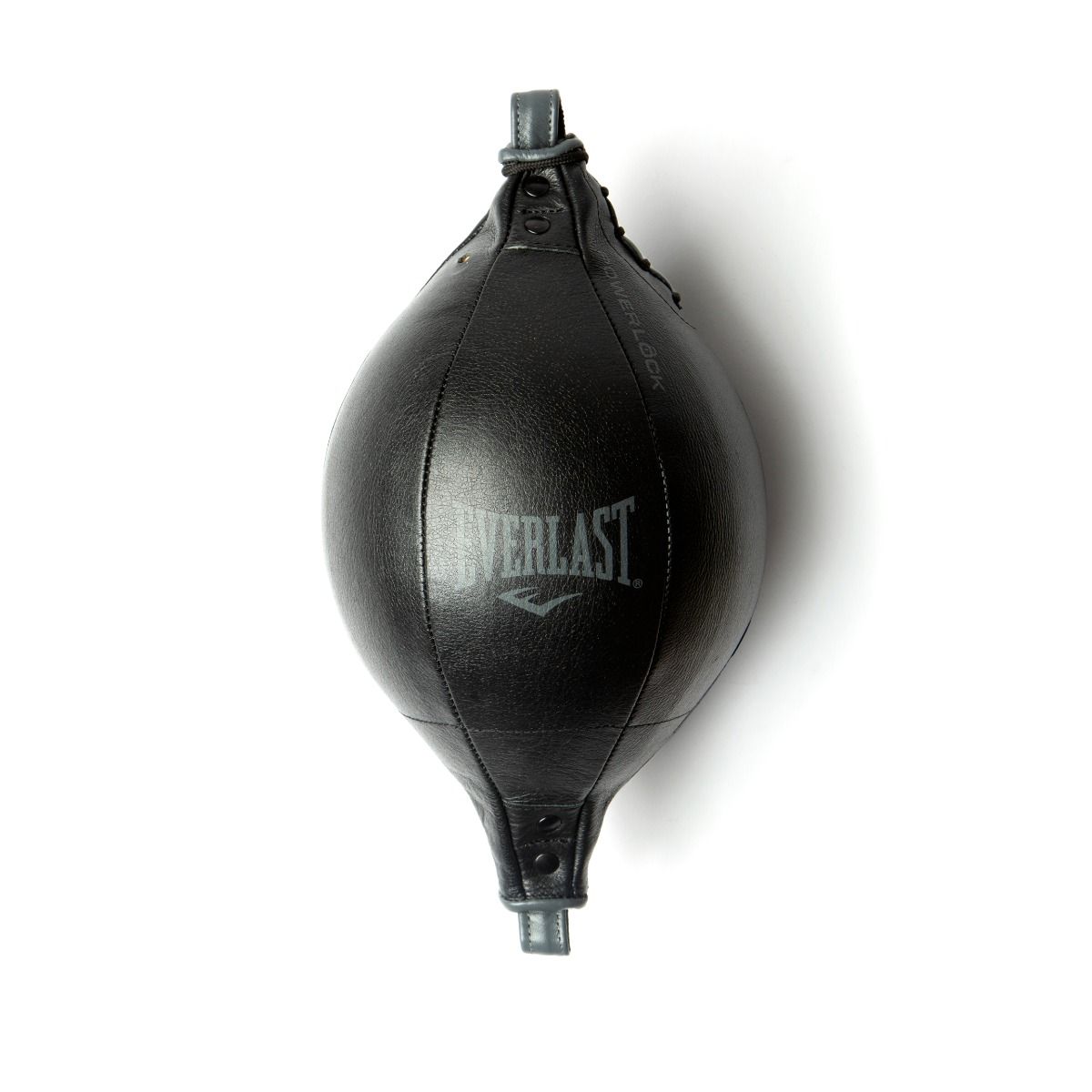 Vista frontale intera della palla tesa da boxe Everlast Powerlock Double End Bag in pelle nera su sfondo bianco.