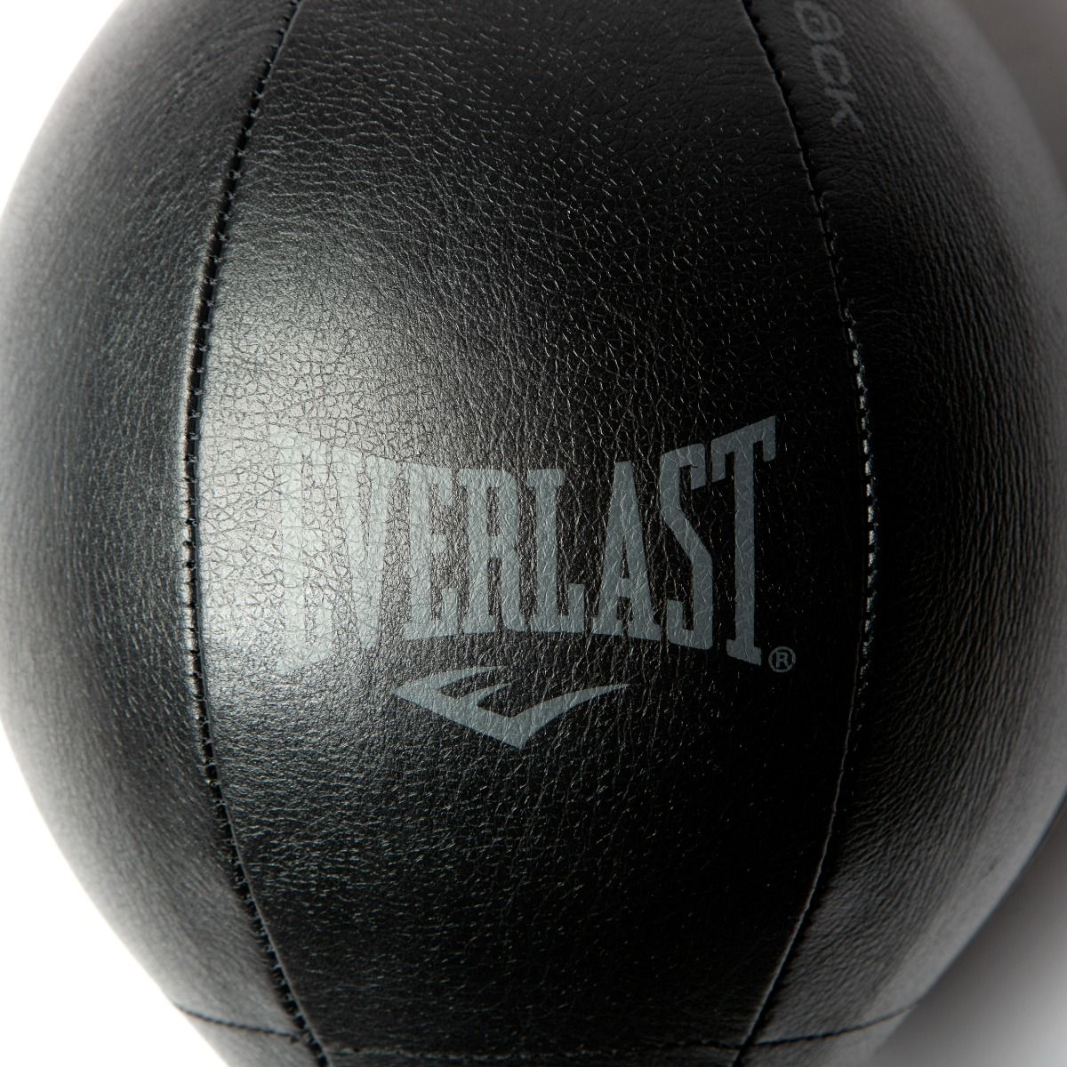 Primo piano del logo Everlast stampato al centro della palla tesa professionale in pelle.
