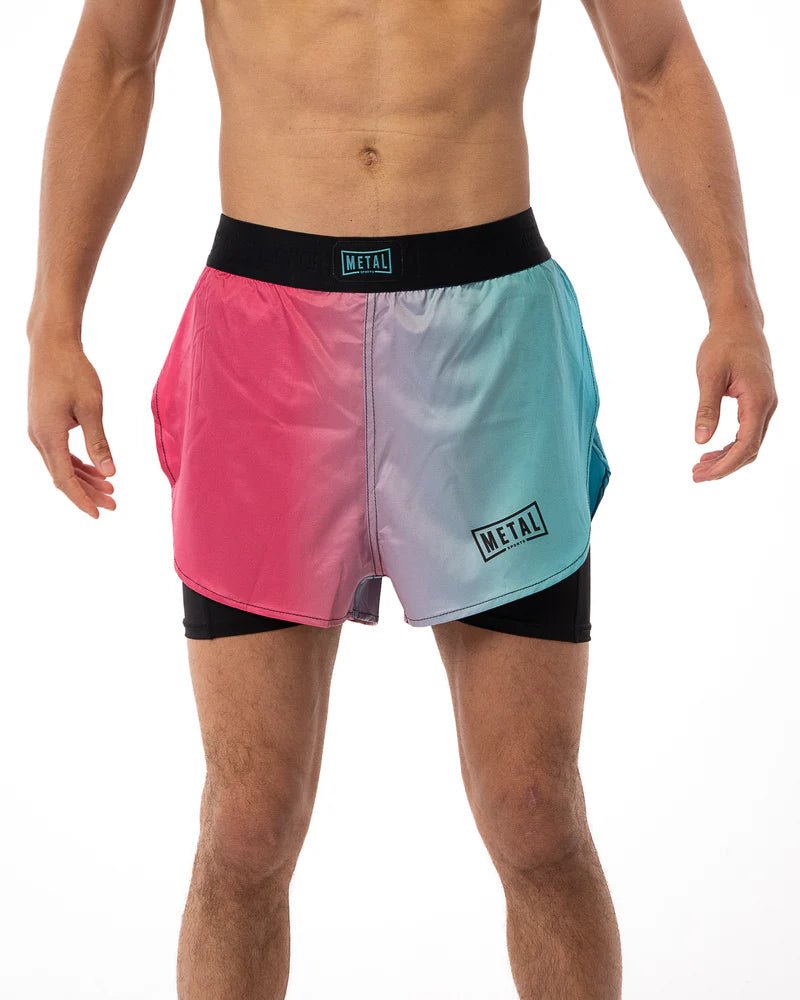 Vista frontal principal Pantalones cortos 2 en 1 Metal Boxing Miami Vibe usados en colores brillantes para fitness de combate