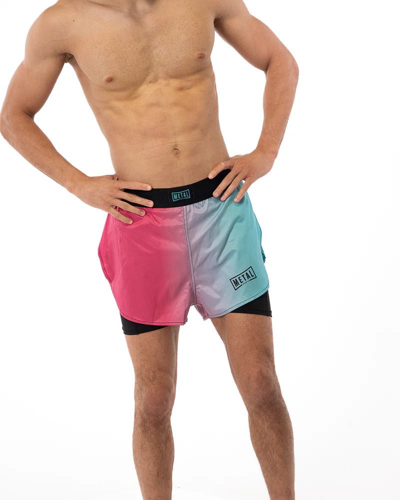 Vista frontal principal Pantalones cortos 2 en 1 Metal Boxing Miami Vibe usados en colores brillantes para fitness de combate