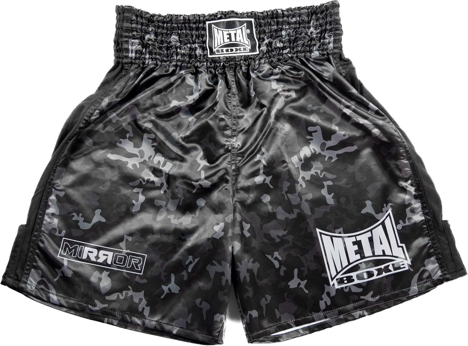 Vista frontale principale pantaloncini boxe inglese Metal Boxe Mirror nero lucido effetto specchio