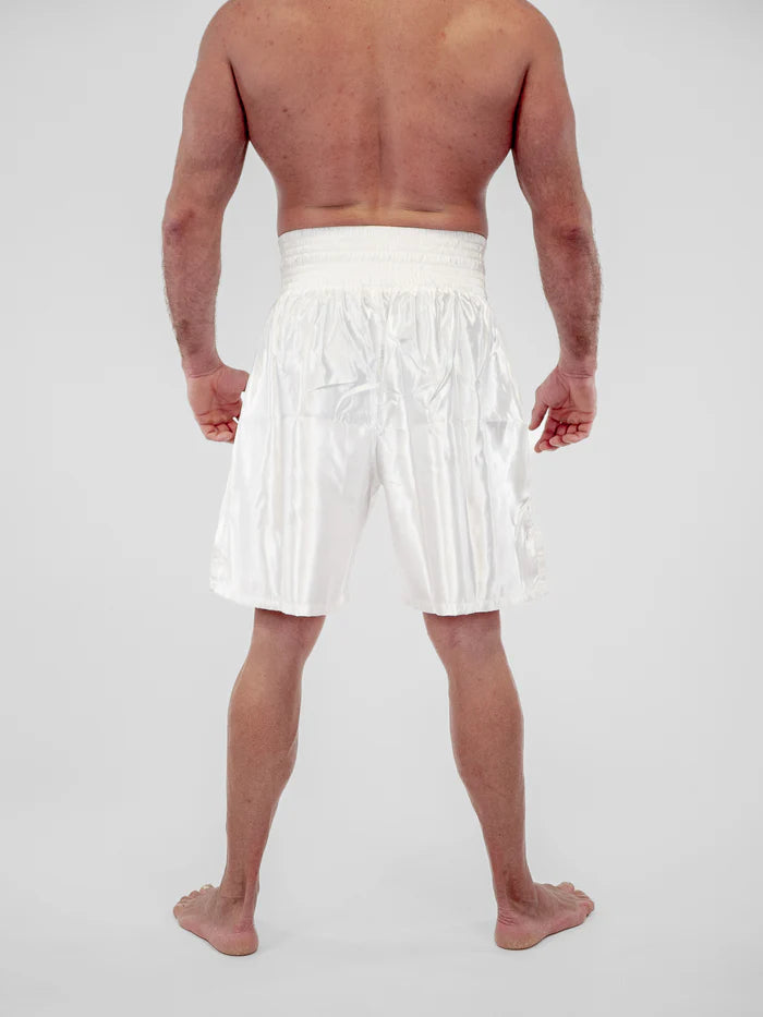 Vista posteriore pantaloncini boxe Pro Line bianco taglio lungo tradizionale
