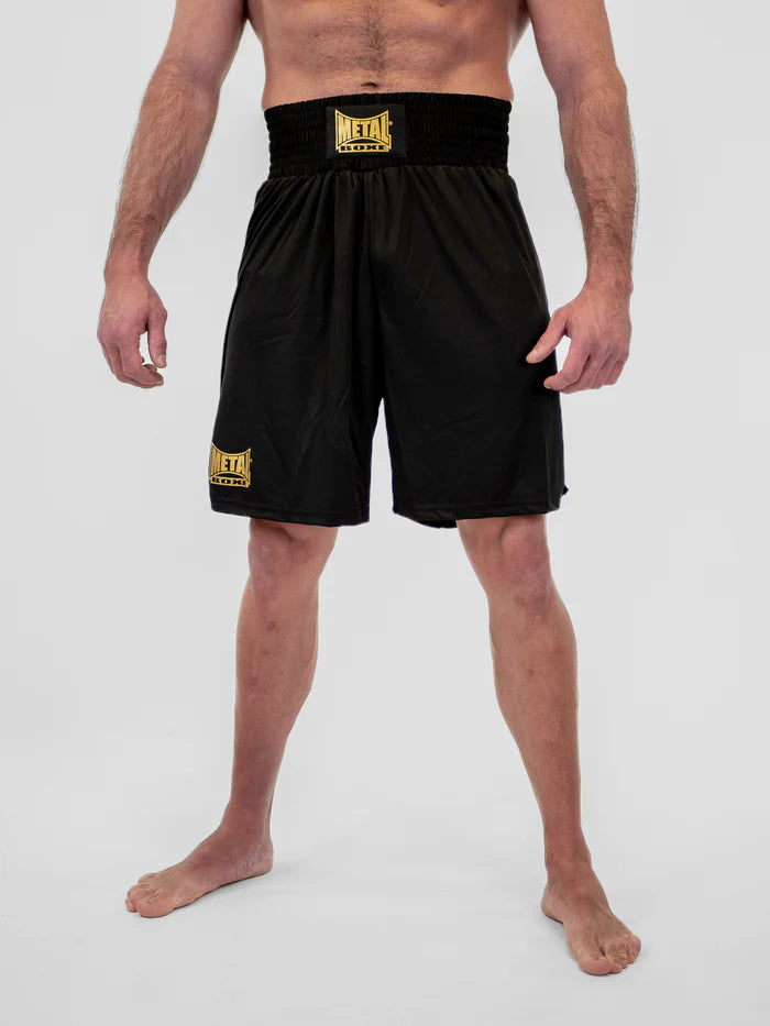 Vista frontal principal pantalón de boxeo inglés Metal Boxe Water negro en satén fluido