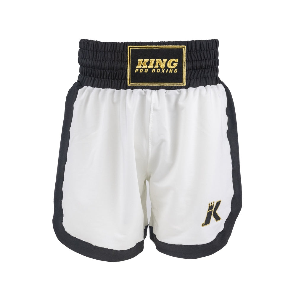 Pantaloncini da boxe K King Apex Pro bianchi con fascia alta in vita e loghi ricamati.